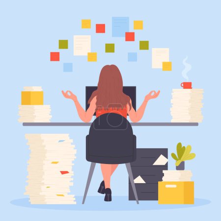 Illustration for Paperwork in mess, bureaucracy and work overload vector illustration. Cartoon female employee sitting at table with big piles of paper documents and cup of coffee, girl in calm zen pose back view - Royalty Free Image