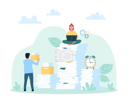 Illustration for Bureaucracy and office overwork vector illustration. Cartoon tiny people work with messy stack of unorganized paper documents, employee holding archive box with paperwork and sorting for storage - Royalty Free Image