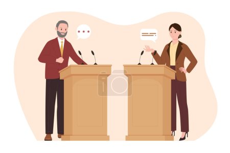 Political debates between two politicians and leaders at podiums vector illustration. Cartoon man and woman stand at tribunes on public meeting, candidates talk arguments in polemic conversation