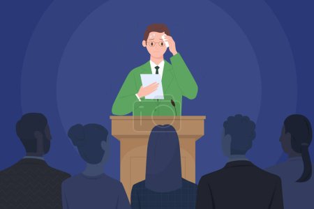 Illustration for Fear of public speaking, glossophobia vector illustration. Cartoon nervous male speaker character standing at podium with microphones in front of audience, fright and anxiety of shy person on stage - Royalty Free Image