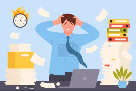 Illustration for Messy paperwork, office bureaucracy and overtime hardwork of employee vector illustration. Cartoon busy tired frustrated man standing at desk with unorganized paper documents, laptop and boxes - Royalty Free Image