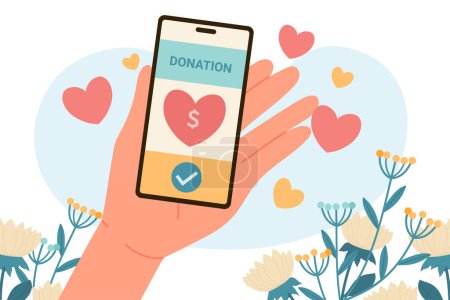 People hand holding phone with donation mobile app. Person holding smartphone to donate money support, solidarity concept vector illustration