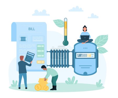 Payment for utility bills for heating vector illustration. Cartoon tiny people hold calculator and money to calculate and pay for home heating service, control calorimeter with readings and heater