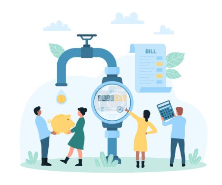 Illustration for Water bill payment vector illustration. Cartoon tiny people check readings on dial of water meter to pay cash money, customers hold calculator and piggy bank to save money and nature resource - Royalty Free Image