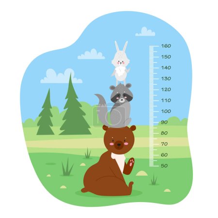 Ilustración de Tabla de altura de los niños, regla con escala milimétrica para medir el crecimiento de la ilustración de vectores infantiles. Dibujos animados divertida torre de mapache, conejo y oso sentado en el verde prado de verano, en lindo paisaje - Imagen libre de derechos