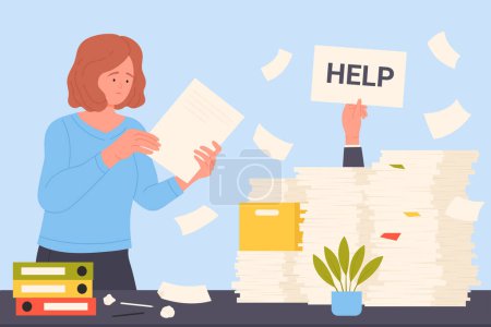 Illustration for Stress from office bureaucracy vector illustration. Cartoon woman giving document to tired employee drowning in chaos of paper sheets pile and stacks on desk, hand of businessman holding help sign - Royalty Free Image