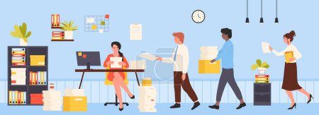 Illustration for Office bureaucracy vector illustration. Cartoon employees carrying stacks and piles of paper documents for female boss sitting at table, among scattered folders of unorganized information and boxes - Royalty Free Image