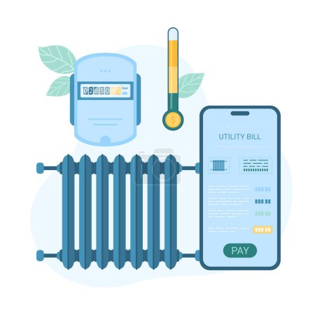 Illustration for Payment for heating online vector illustration. Cartoon isolated mobile phone with app for paying utility bills for heating home, communication between smartphone and heater, meter with readings - Royalty Free Image