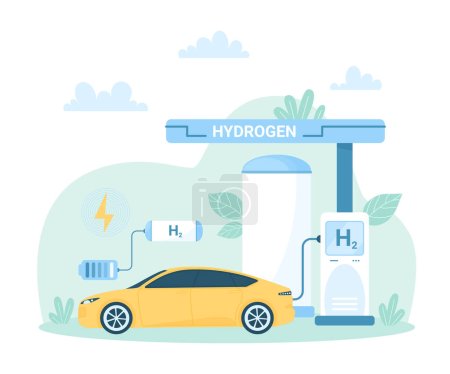 Fuel cell vehicle, scheme of H2 station to charge car battery vector illustration. Cartoon eco transport with green hydrogen engine, zero emissions automotive technology, sustainable power plant