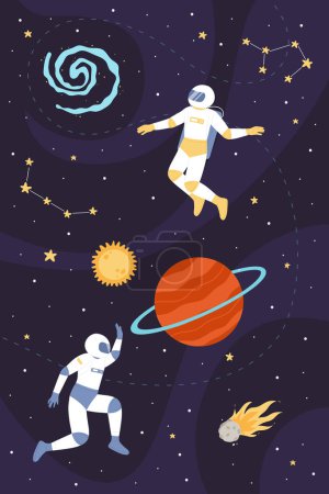 Illustration for Cartoon astronauts in helmet and spacesuit flying among solar system planets, asteroids and stars. Space explorers travel vertical concept vector illustration. - Royalty Free Image