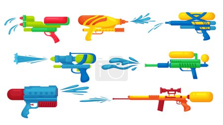 Water guns set vector illustration. Cartoon isolated festival watergun toys with water splashes collection, cute squirt pistols for summer party and festival, funny weapon for fun fight game of kids