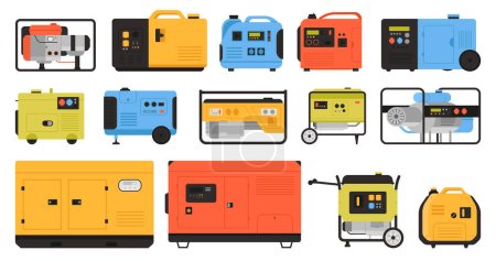 Electric generators set vector illustration. Cartoon isolated industrial diesel machines of portable transformer power station on construction site, motor equipment for electricity generation