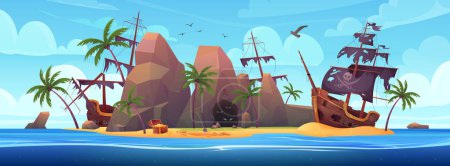 Wreck of pirate ships on desert island vector illustration. Cartoon island tropical landscape with sand beach and sea waves, open treasure chest, old broken wooden pirate boats with torn black sails