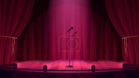 Empty theater or night club stage for comedy standup show vector illustration. Cartoon scene for music, comic live performance with lights in center and microphone on stand, classic red curtains
