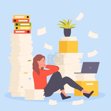 Illustration for Bureaucracy, employees stress from paperwork overload in office vector illustration. Cartoon frustrated tired woman sitting near big piles of paper documents, stack of unorganized messy folders - Royalty Free Image
