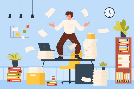 Illustration for Bureaucracy, chaos of paperwork organization vector illustration. Cartoon angry and annoyed male employee in emotional stress and despair standing at messy workplace, throwing up paper documents - Royalty Free Image