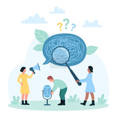 Illustration for Bad communication vector illustration. Cartoon tiny people team holding microphone, megaphone and magnifying glass to research and understand miscommunication chaos of confusion in chat speech bubble - Royalty Free Image