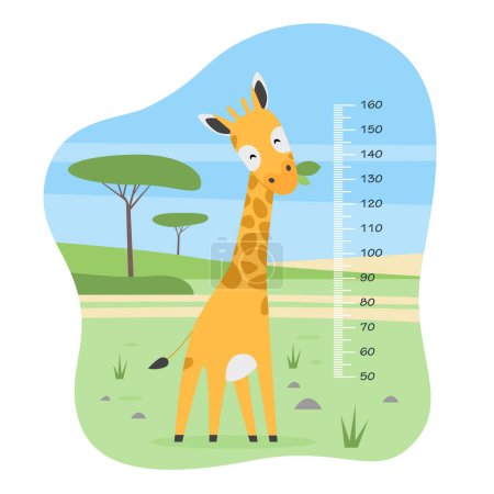 Ilustración de Niños carta de altura con linda jirafa vector ilustración. Dibujos animados animal africano con cuello largo y regla para medir la altura del niño preescolar, estadiómetro con escala milimétrica para jardines de infancia pared - Imagen libre de derechos