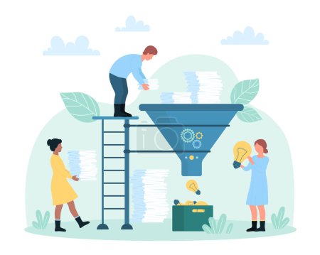 Illustration for Office paperwork, generator and conversion of creative ideas vector illustration. Cartoon tiny people control funnel with engine, carry of paper documents, data information to light bulb filter - Royalty Free Image