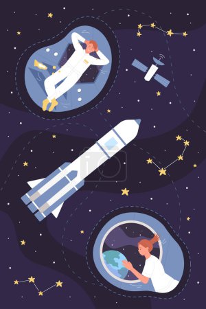 Illustration for Space explorers travel vertical concept vector illustration. Cartoon astronauts among stars, characters work in space station and observatory - Royalty Free Image