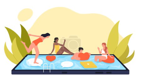 Illustration for Summer beach vacation and social media vector illustration. Cartoon tiny happy people in swimwear enjoy pool party, man and woman swim in water on mobile phone screen, holding likes and apps icons - Royalty Free Image
