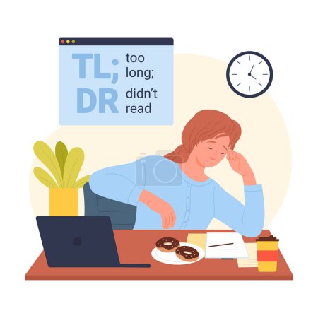 Illustration for TLDR concept, too long didnt read, meme and message from lexicon of internet communication vector illustration. Cartoon lazy girl sitting at computer desk, ignore article text or news due to length - Royalty Free Image