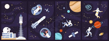 Illustration for Space explorers travel set vector illustration. Cartoon astronauts in helmet and spacesuit flying among solar system planets, asteroids and stars, characters work in space station and observatory - Royalty Free Image