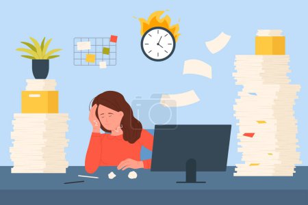 Illustration for Bureaucracy, problem of employees overwork vector illustration. Cartoon scene of office workplace with frustrated tired businesswoman working hard, sitting at desk with paper documents and folders - Royalty Free Image