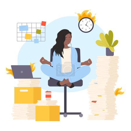 Illustration for Bureaucracy, problem of deadline and office paperwork organization vector illustration. Cartoon woman sitting in yoga lotus pose among clock in fire, folders and piles of paper documents for sorting - Royalty Free Image