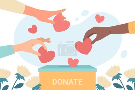 Las manos de la gente donan. Los voluntarios dan corazones a la caja de donación ilustración vectorial plana. Esperanza, solidaridad, concepto de ayuda a los refugiados