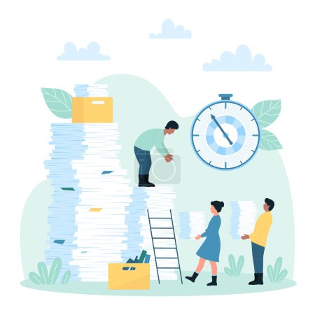 Illustration for Paperwork organization in office work vector illustration. Cartoon busy tiny people carry heavy stacks of paper documents and bills to big pile, too much business paperwork, deadline and bureaucracy - Royalty Free Image