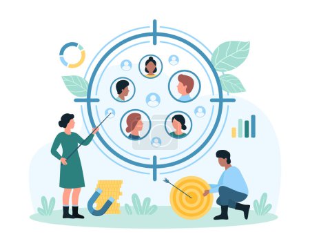Illustration for Target audience research service vector illustration. Cartoon tiny people study consumers focus group, find profiles of customers inside circle snipers aim and individual approaches to clients - Royalty Free Image