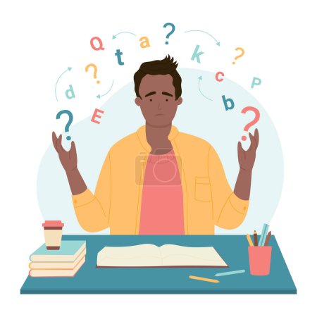 Illustration for Problems in learning and literacy, dysgraphia and dyslexia disability vector illustration. Cartoon dyslexic confused student sitting at desk with cloud of letters, frustrated boy asking question - Royalty Free Image