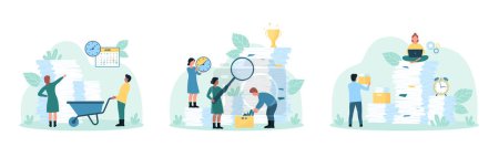 Illustration for Office bureaucracy set vector illustration. Cartoon tiny people holding magnifying glass to research lot of information and wheelbarrow full of paper documents, sorting unorganized stacks and heap - Royalty Free Image