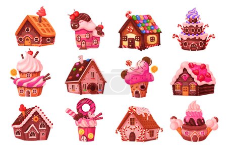 Candy houses set vector illustration. Cartoon isolated confectionery fantasy world collection with magic gingerbread and cupcake homes, fairy tale cake buildings with windows, doors and roofs