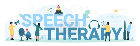 Illustration for Speech therapy, typography infographic banner template vector illustration. Cartoon tiny people teaching basic articulation with language exercises, sound pronunciation correction by therapists - Royalty Free Image