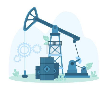 Téléchargez les illustrations : Oil industry equipment, pumpjack and barrels vector illustration. Cartoon drilling rig and pump in crude oil well, industrial machine for oilfield exploration for petroleum production and trade - en licence libre de droit
