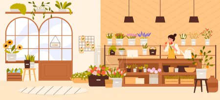 Blumengeschäft Vektor Illustration. Cartoon-Verkäuferin oder Inhaberin eines kleinen Blumengeschäfts, das natürliche Pflanzen, Blumensträuße in Vasen und Schachteln für die Einrichtung von Haus oder Garten verkauft,