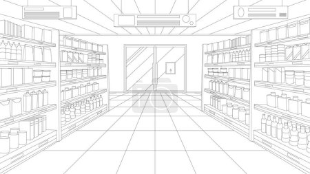 Ilustración de Supermercado o pasillo de la tienda de comestibles, boceto de perspectiva de la ilustración del vector interior. Tienda minorista de línea negra abstracta en el interior, estantes de hipermercado llenos de productos alimenticios y variedad de paquetes - Imagen libre de derechos