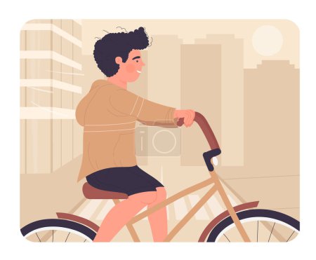 Ilustración de Niño feliz montando en bicicleta. Pasar el tiempo libre, la actividad saludable al aire libre vector ilustración - Imagen libre de derechos