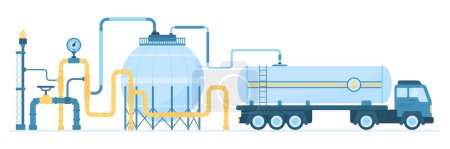 Gas industry, system with storage and transportation of natural liquefied gas vector illustration. Cartoon industrial plant with tank and pipe under pressure, valve and flame on tower, delivery truck