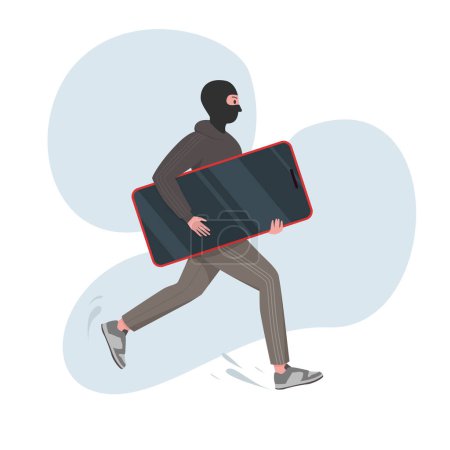 Mobile phone theft vector illustration. Cartoon isolated male thief character in hoodie and balaclava hat stealing big cellphone, burglar running with smartphone to steal money, personal information
