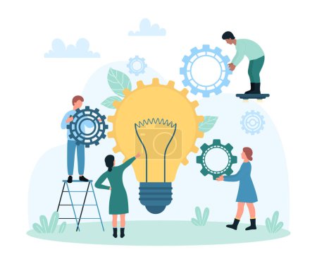 Illustration for Business strategy of innovation and creative solutions vector illustration. Cartoon tiny people combine gears to engine inside light bulb to customize business process, organization development - Royalty Free Image