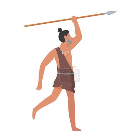Téléchargez les illustrations : Homme primitif chassant avec une flèche. Anciennes personnes, illustration vectorielle de vie de l'âge de pierre - en licence libre de droit