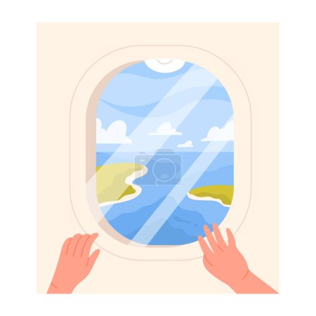 Ilustración de Abrir ventana de avión con vista al mar. Pasajero sentado cerca de la ventana, viajando personas ilustración vector de dibujos animados - Imagen libre de derechos
