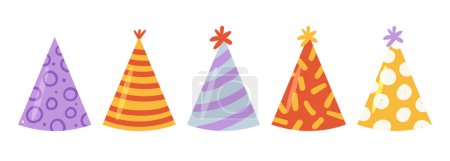 Coloridos sombreros de fiesta de cumpleaños. Accesorios de la cabeza de la celebración, feliz cumpleaños gorra vector ilustración de dibujos animados