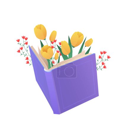 Illustration for Open purple book with yellow tulips. Love for knowledge, literature and library cartoon vector illustration - Royalty Free Image
