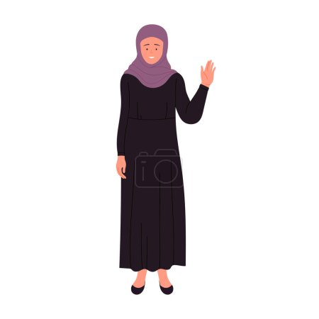 Téléchargez les illustrations : Femme d'affaires musulmane en pose debout montre geste bonjour. Arabe femme manager agitant dessin animé vecteur illustration - en licence libre de droit