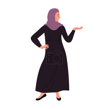 Téléchargez les illustrations : Femme d'affaires musulmane donnant une présentation. Arabe femme gestionnaire montrant illustration vectorielle de dessin animé geste - en licence libre de droit