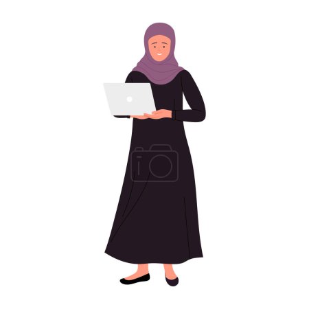 Téléchargez les illustrations : Femme d'affaires arabe debout avec ordinateur portable. Femme musulmane gestionnaire tenant ordinateur dessin animé vecteur illustration - en licence libre de droit